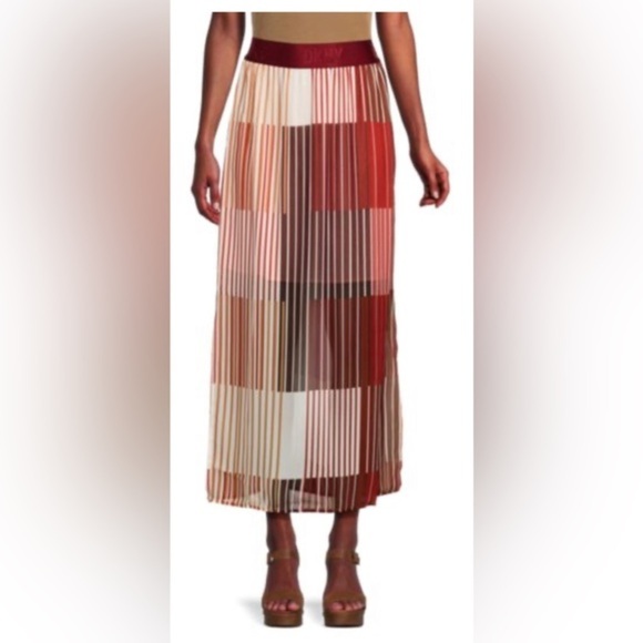 DKNY Women's Logo Striped MIDI Skirt - Red Pop White Size Large new - Picture 1 of 5